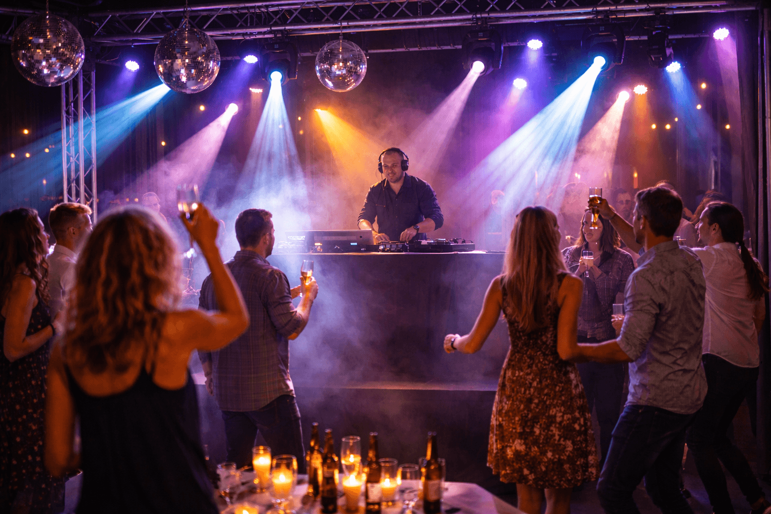 DJ mit tanzenden Gästen und Discobeleuchtung bei Geburtstagsfeier